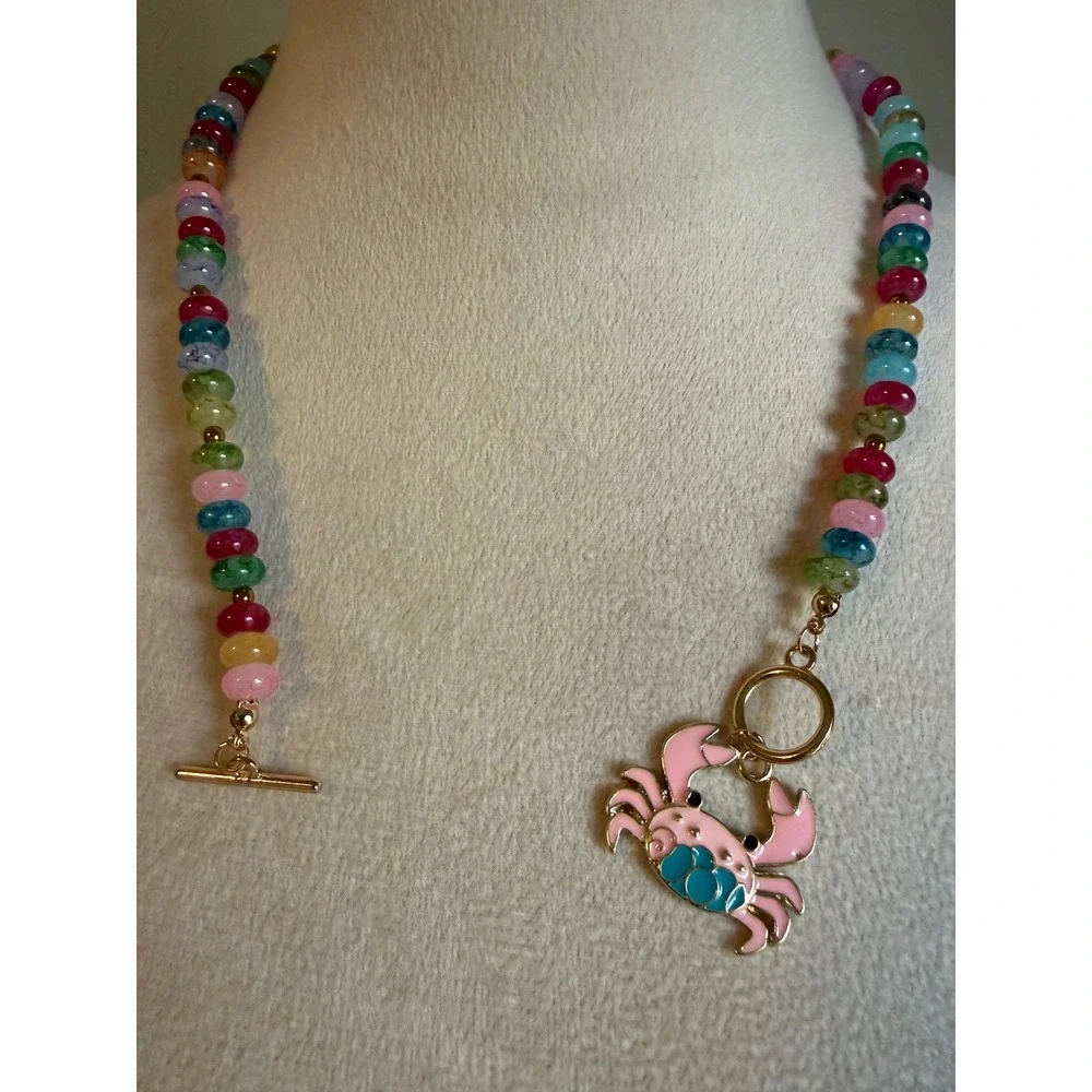 Colorful Beaded Crab charm Necklace beach y2k retro boho whimsi Pin Teal coastal